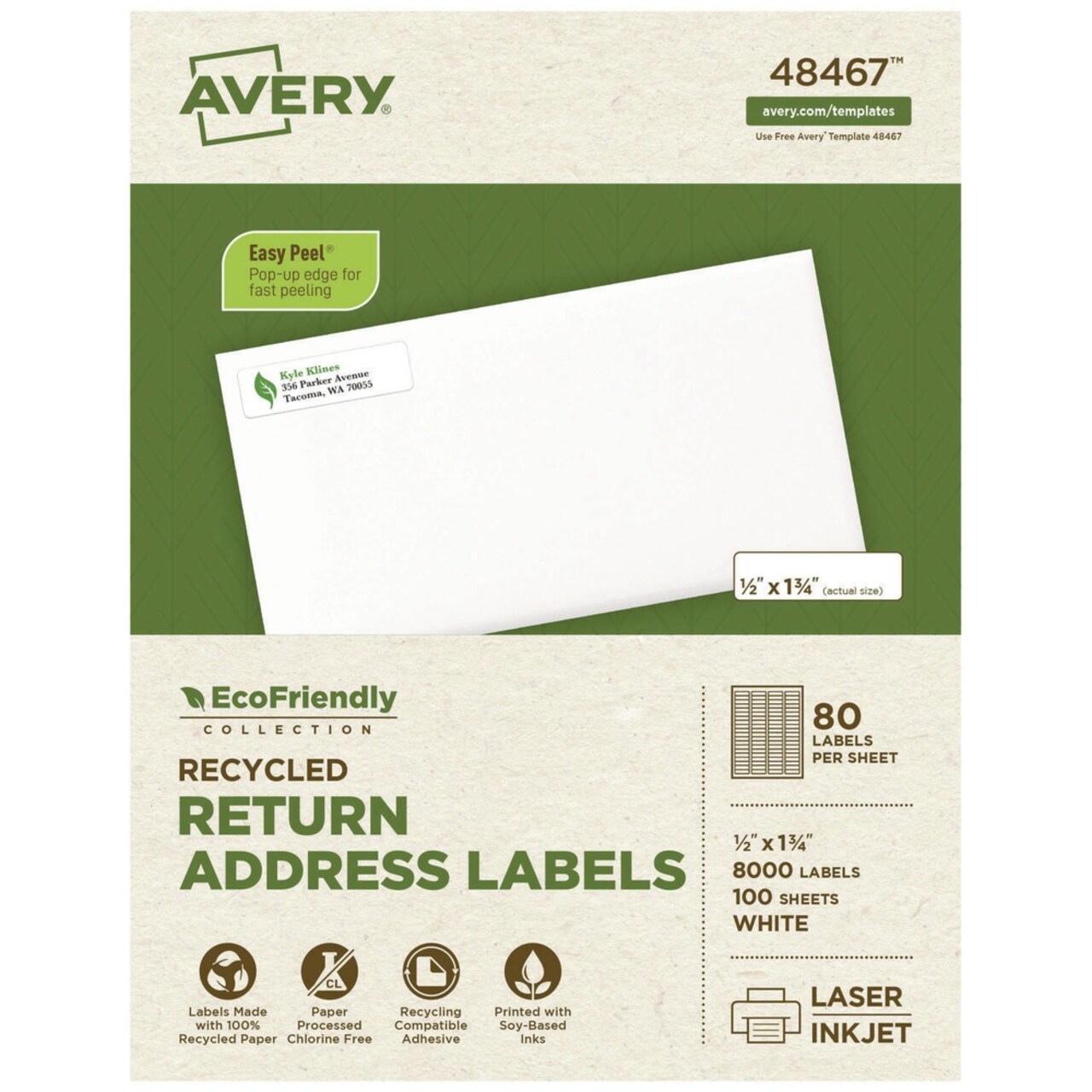 Avery 0.5 in. x 1.75 in. EcoFriendly Mailing Labels for Inkjet/Laser Printers - White (80/Sheet, 100 Sheets/Box)